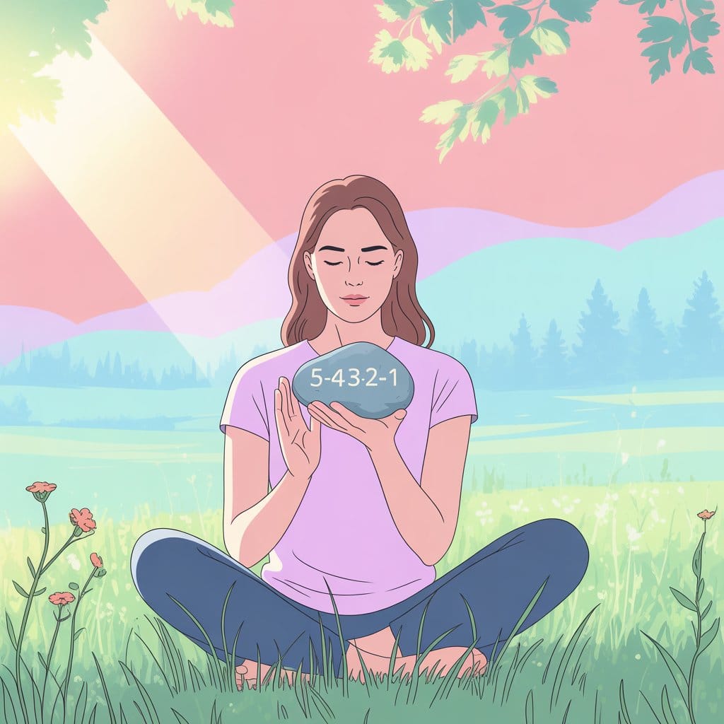 A photograph of a serene woman sitting cross-legged on a lush green field performing a 5-4-3-2-1 sensory grounding exercise. She is gently touching a smooth river stone in her hand, focusing intently on the tactile sensation, with a soft, contemplative expression on her face. Around her are wildflowers, a distant forest, and a gentle breeze rustling through the grass, while sunlight filters through the leaves above, creating a peaceful atmosphere. The words "5-4-3-2-1" are subtly etched into the stone.