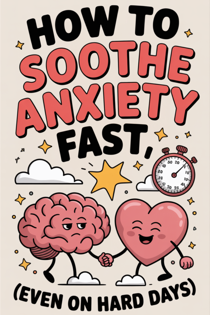 Cartoon-style graphic with a smiling heart holding hands with a worried brain, surrounded by stars and a stopwatch, featuring bold text that reads 'How to Soothe Anxiety Fast (Even on Hard Days)', promoting quick anxiety relief tips