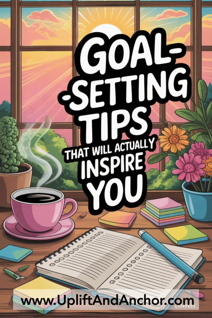 Illustrated scene of a cozy desk with coffee, flowers, and an open journal, featuring bold text that reads 'Goal-Setting Tips That Will Actually Inspire You' and the website www.UpliftAndAnchor.com, promoting motivational planning and productivity