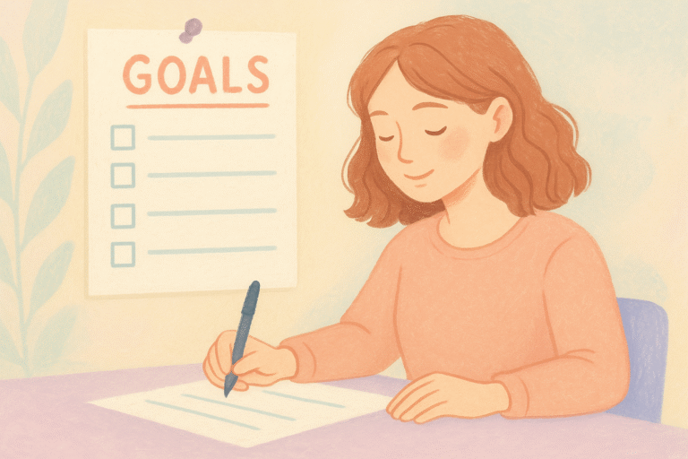 Illustration of a woman peacefully setting goals with a checklist and journal, representing intentional goal-setting, self-reflection, and mindful planning—perfect for mental health and personal growth content.