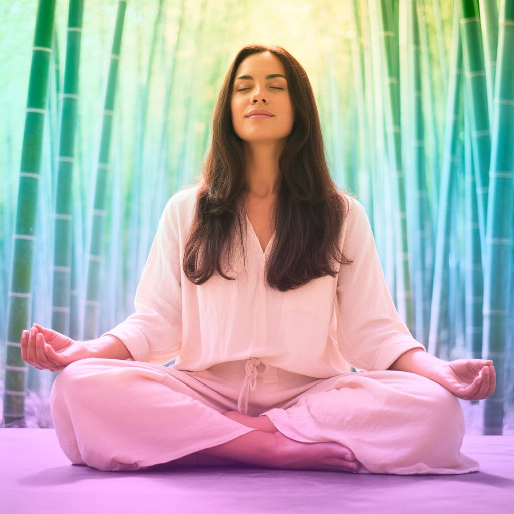 A photograph of a serene woman meditating in a lush bamboo forest. She is seated on a smooth grey stone, her eyes closed in quiet contemplation with a gentle smile gracing her lips. Her long dark hair cascades down her back, and she wears simple flowing white linen clothing. Soft dappled sunlight filters through the bamboo stalks, creating a peaceful and tranquil atmosphere.