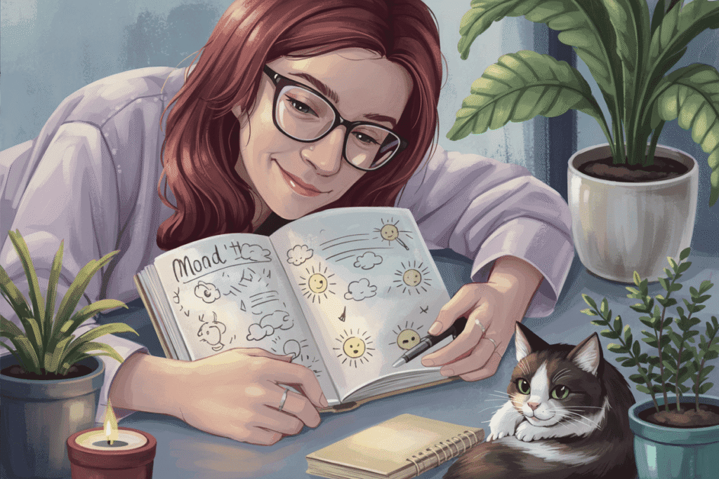 Illustration of a smiling woman with glasses journaling in a mood tracker filled with doodles of sun, clouds, and faces, surrounded by potted plants, a lit candle, and a relaxed black-and-white cat. The cozy indoor setting highlights mindfulness and self-reflection in a calm, nurturing environment