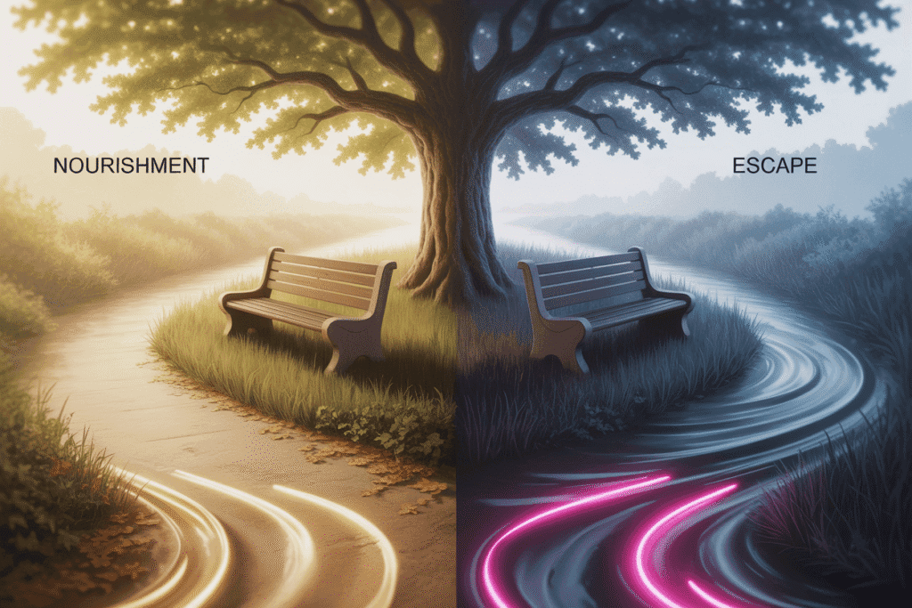 Split-scene illustration of a large tree with two benches, one on each side of the trunk. The left side, labeled “NOURISHMENT,” shows a warm, golden pathway with glowing yellow trails, while the right side, labeled “ESCAPE,” is bathed in cool blue tones with vivid pink light trails, symbolizing two contrasting emotional journeys