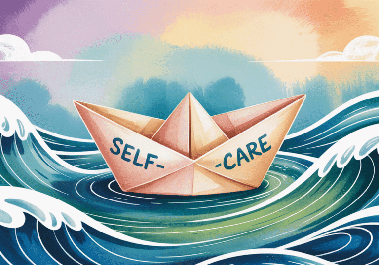 Illustration of a paper boat labeled “SELF-CARE” floating on swirling, stylized ocean waves under a colorful sky with clouds and soft sunlight. The scene symbolizes staying afloat through emotional turbulence using self-care practices