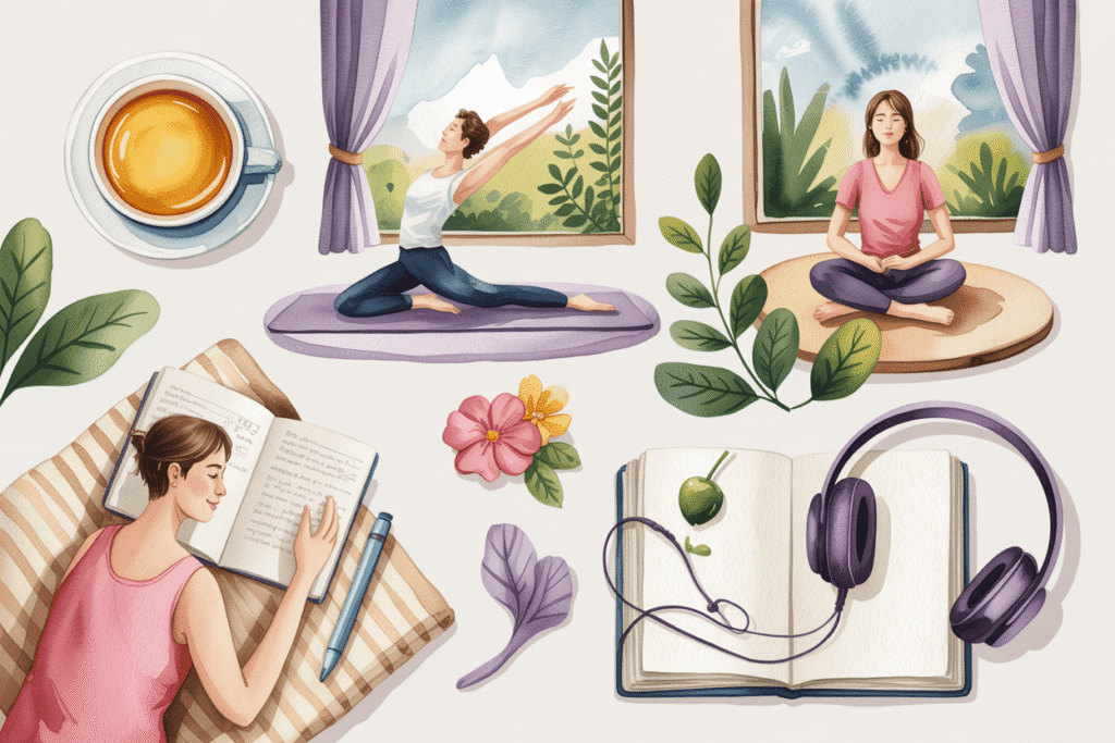Illustration of calming self-care activities, including a woman doing yoga by a window, another meditating on a cushion, and a third relaxing while journaling. Surrounding elements include a cup of tea, flowers, leaves, an open book with headphones, and soft natural lighting, evoking a peaceful, restorative atmosphere