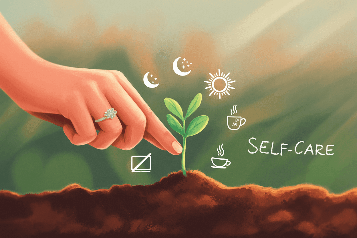 Illustration of a hand gently touching a small green plant sprouting from soil, surrounded by self-care icons including a sun, moon phases, hot drinks, and a notepad. The word “SELF-CARE” appears in handwritten text, symbolizing personal growth through nurturing habits