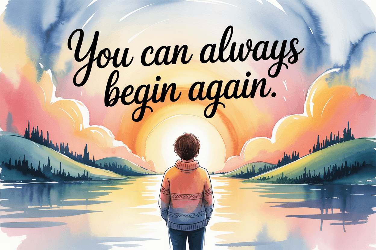 Illustration of a person in a colorful sweater standing at the edge of a calm lake, facing a glowing sunrise with rolling hills and vibrant clouds in the background. The text above reads “You can always begin again,” symbolizing hope, renewal, and fresh starts