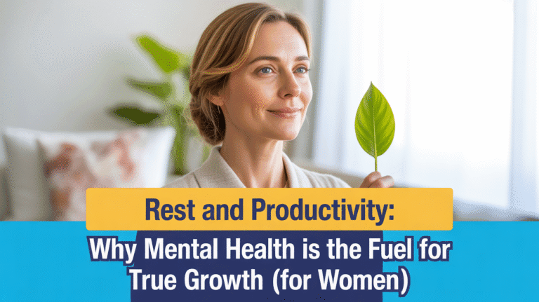A woman holding a green leaf with the title 'Rest and Productivity: Why Mental Health is the Fuel for True Growth (for Women)' clearly visible, summarizing the key theme of the article.