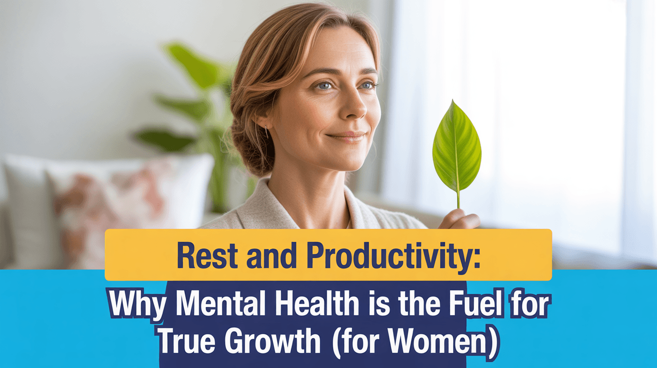 A woman holding a green leaf with the title 'Rest and Productivity: Why Mental Health is the Fuel for True Growth (for Women)' clearly visible, summarizing the key theme of the article.