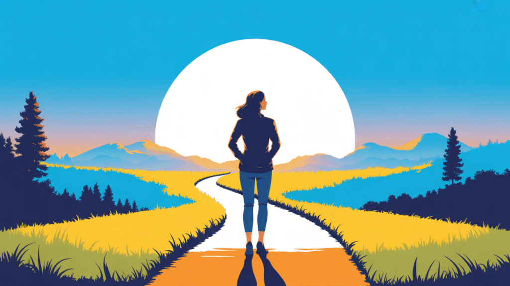 Confident woman standing on a path looking toward a bright horizon, illustrating how choosing rest for mental health leads to true growth and progress.