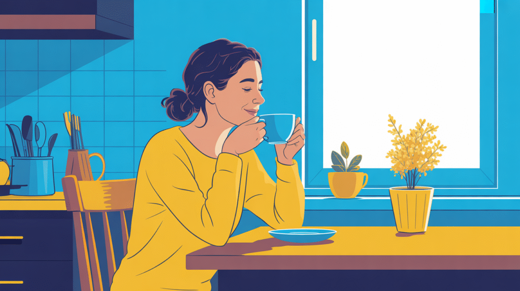 Woman having a quiet, guilt-free cup of coffee in her kitchen, practicing simple daily rest for mental health