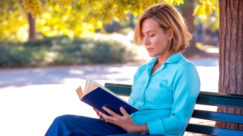 Mature woman reading a book on a park bench in sunny, fall light, demonstrating how rest for mental health builds resilience against daily stress.
