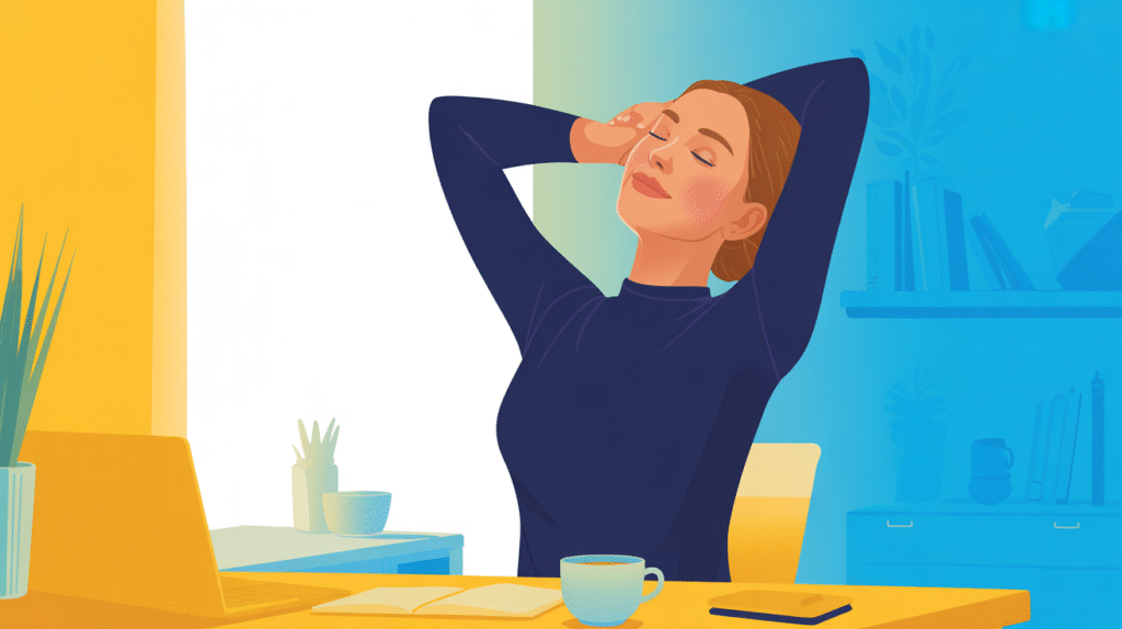 Illustration of a woman stretching and relaxing at her desk, symbolizing rest for mental health and preventing burnout