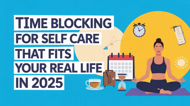 Time blocking self-care calendar graphic: meditating woman, clock, hourglass, tea